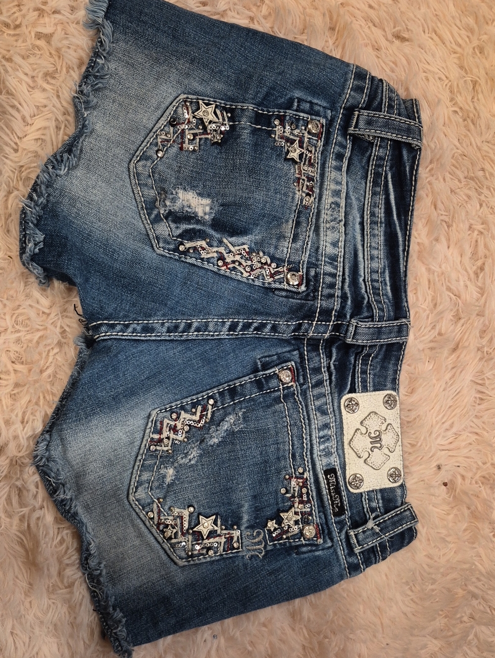 Miss Me Embellished Blue Denim Shorts with Star Accents